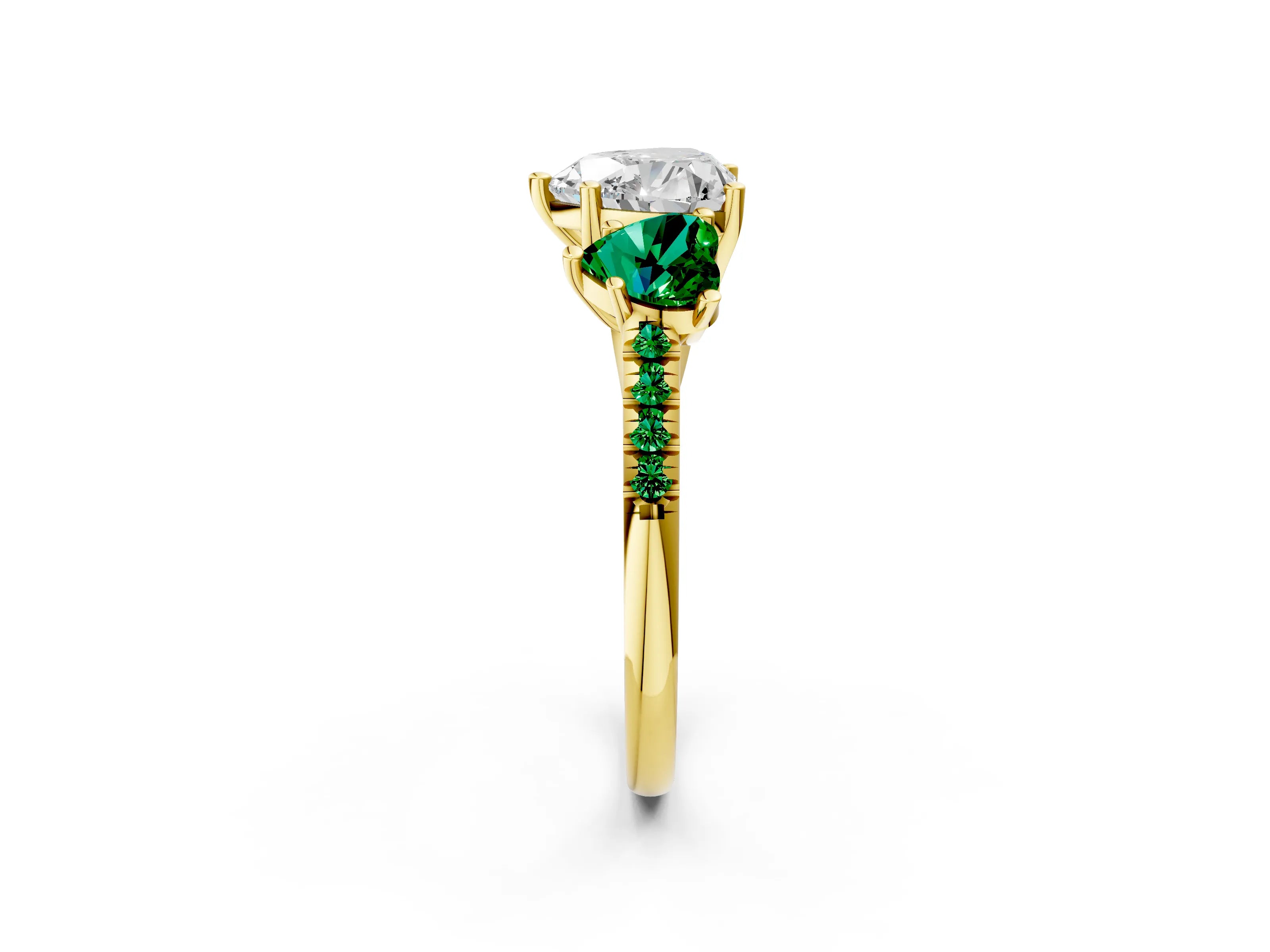 Yellow gold Three-Stone Heart Cut Diamond Ring with Round with Emerald side stone Pavé Band and Prong Setting_2