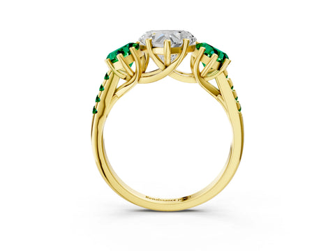 Yellow gold Three-Stone Heart Cut Diamond Ring with Round with Emerald side stone Pavé Band and Prong Setting_3