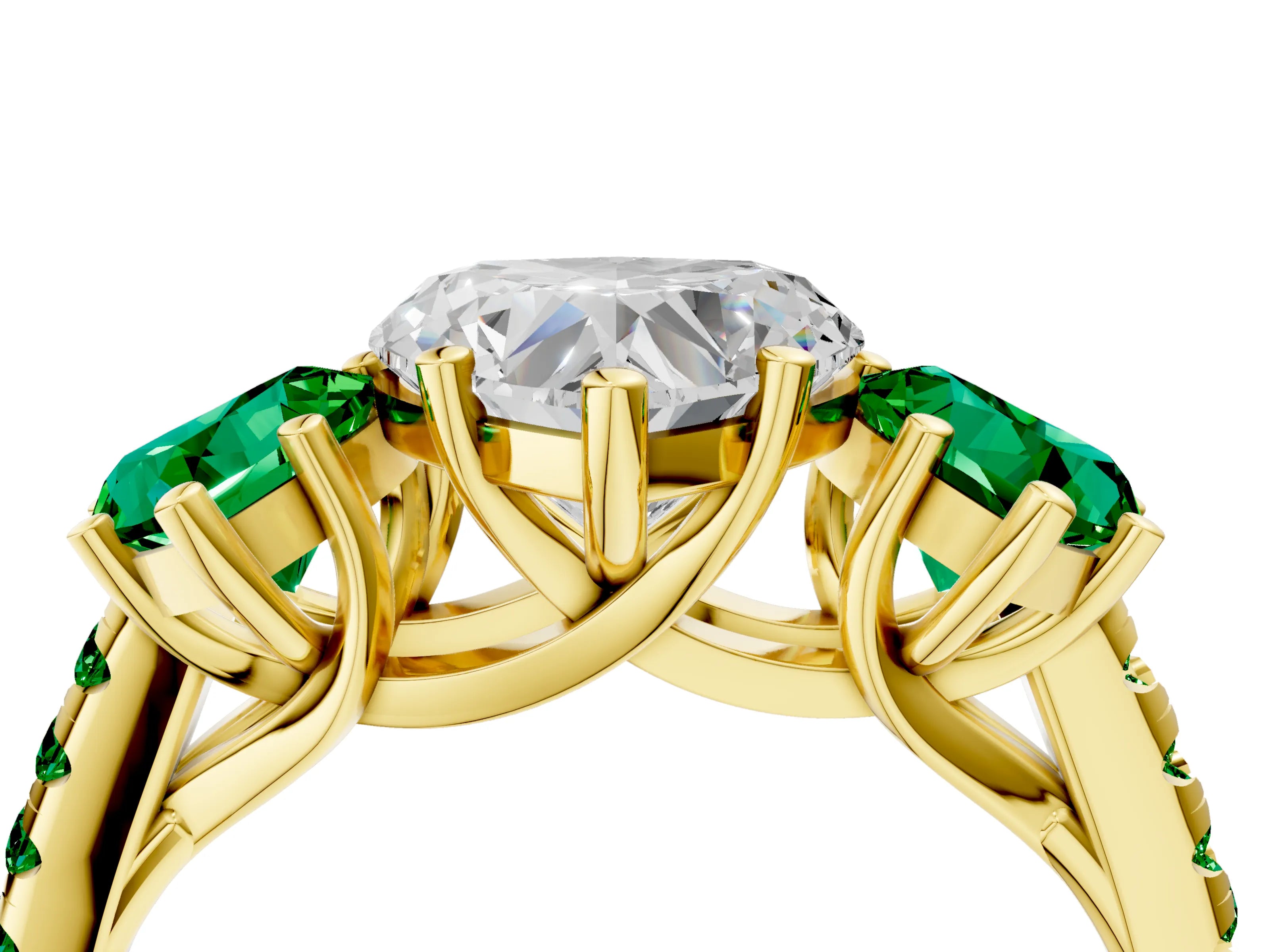 Yellow gold Three-Stone Heart Cut Diamond Ring with Round with Emerald side stone Pavé Band and Prong Setting_4