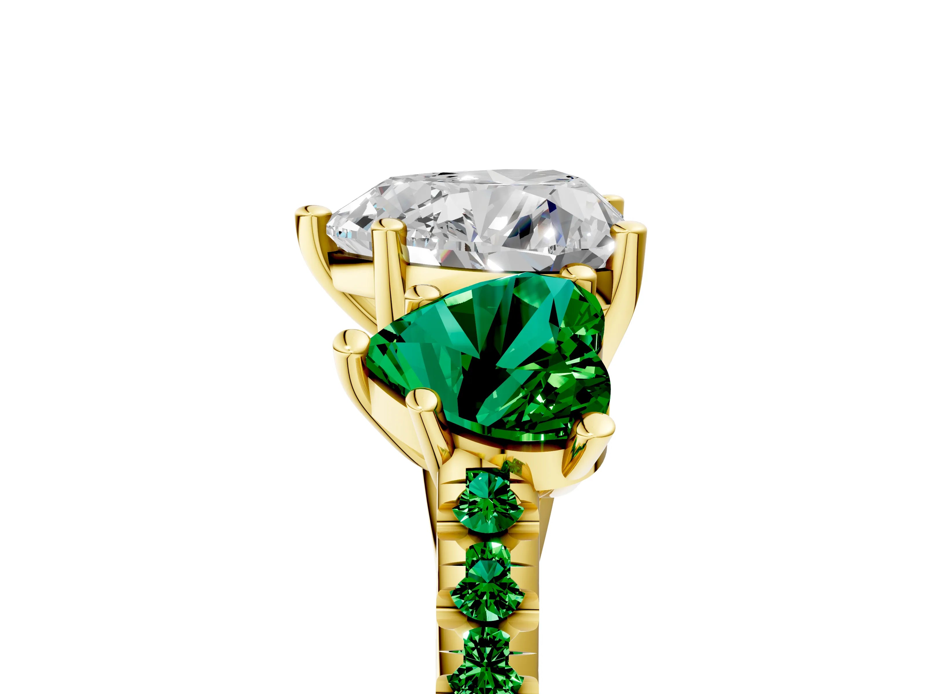 Yellow gold Three-Stone Heart Cut Diamond Ring with Round with Emerald side stone Pavé Band and Prong Setting_5