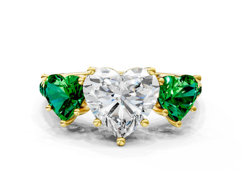 Yellow gold Three-Stone Heart Cut Diamond Ring with Round with Emerald side stone Pavé Band and Prong Setting