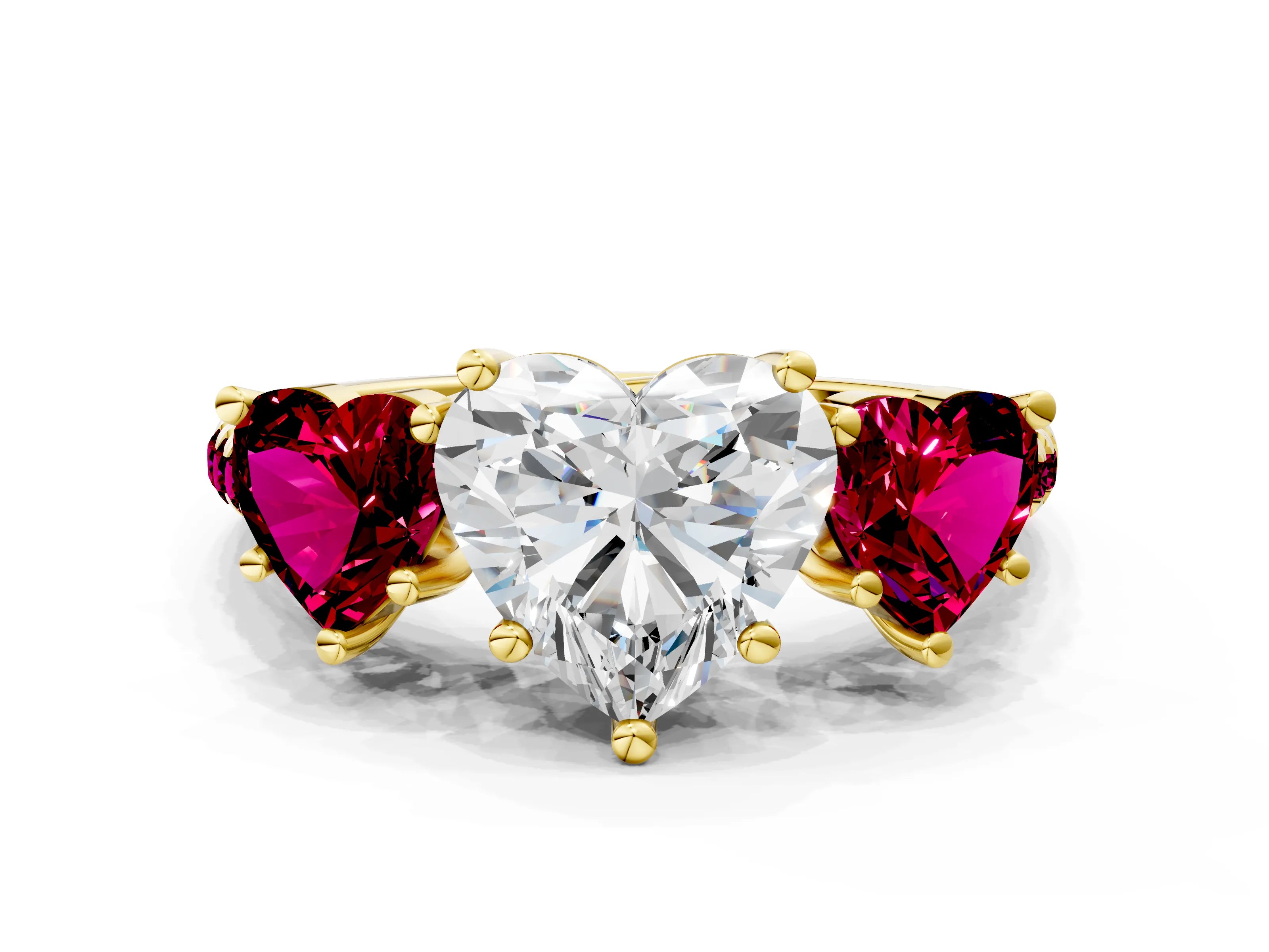 Yellow gold Three-Stone Heart Cut Diamond Ring with Round with Garnet side stone Pavé Band and Prong Setting