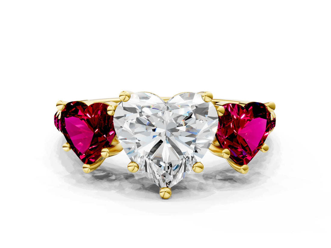 Yellow gold Three-Stone Heart Cut Diamond Ring with Round with Garnet side stone Pavé Band and Prong Setting