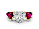 Yellow gold Three-Stone Heart Cut Diamond Ring with Round with Garnet side stone Pavé Band and Prong Setting