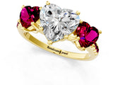 Yellow gold Three-Stone Heart Cut Diamond Ring with Round with Garnet side stone Pavé Band and Prong Setting_1