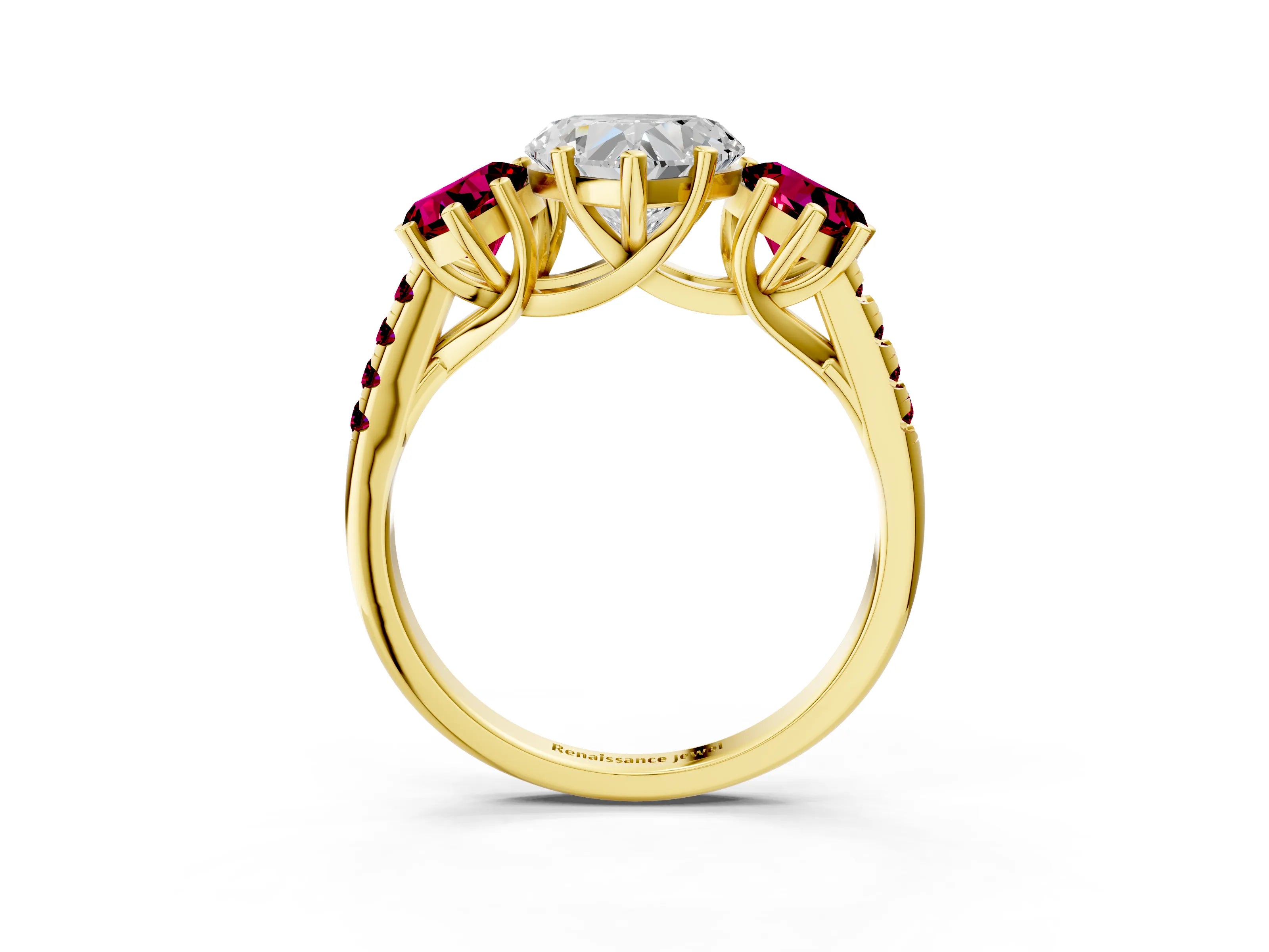 Yellow gold Three-Stone Heart Cut Diamond Ring with Round with Garnet side stone Pavé Band and Prong Setting_3