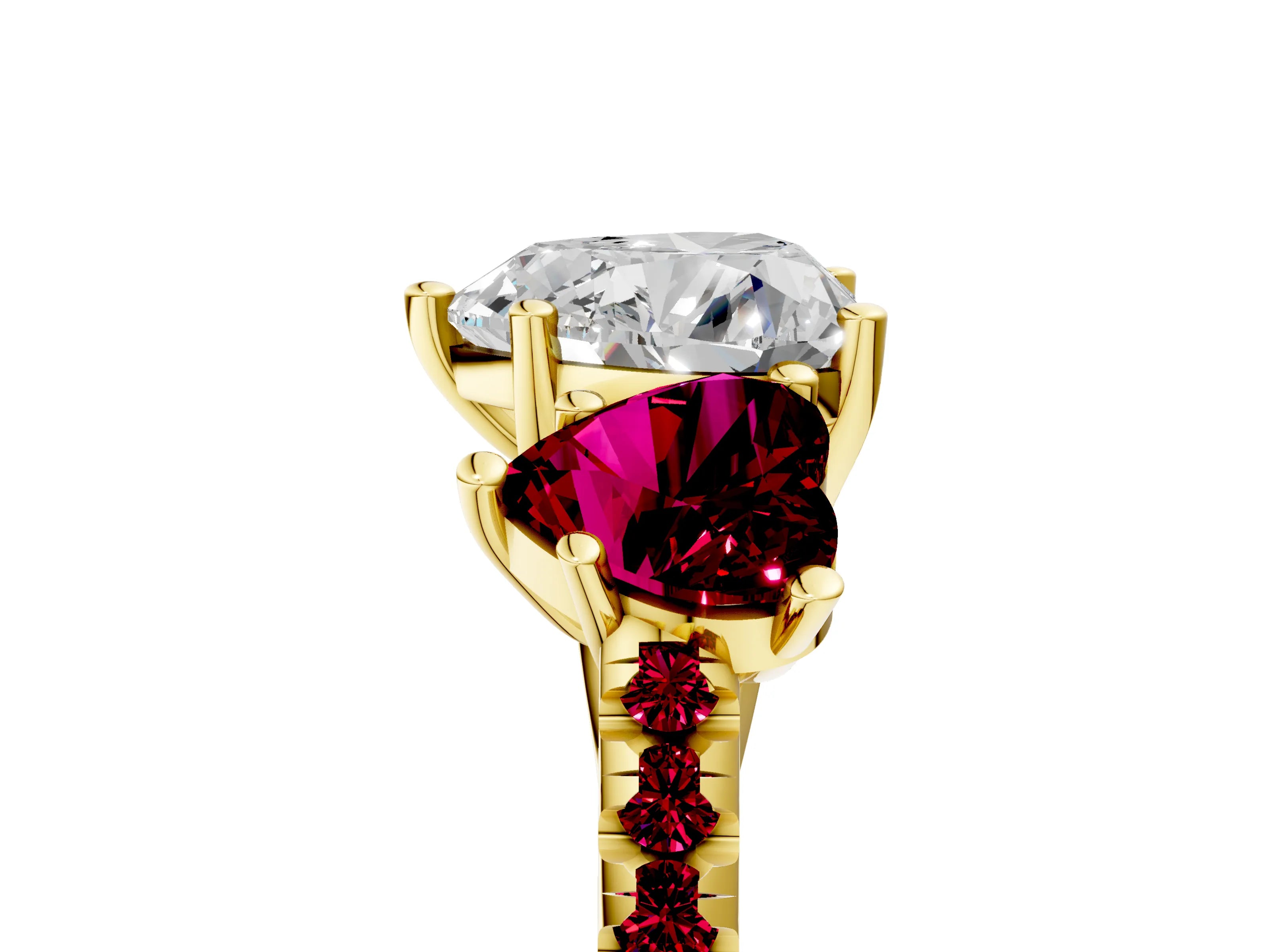 Yellow gold Three-Stone Heart Cut Diamond Ring with Round with Garnet side stone Pavé Band and Prong Setting_5