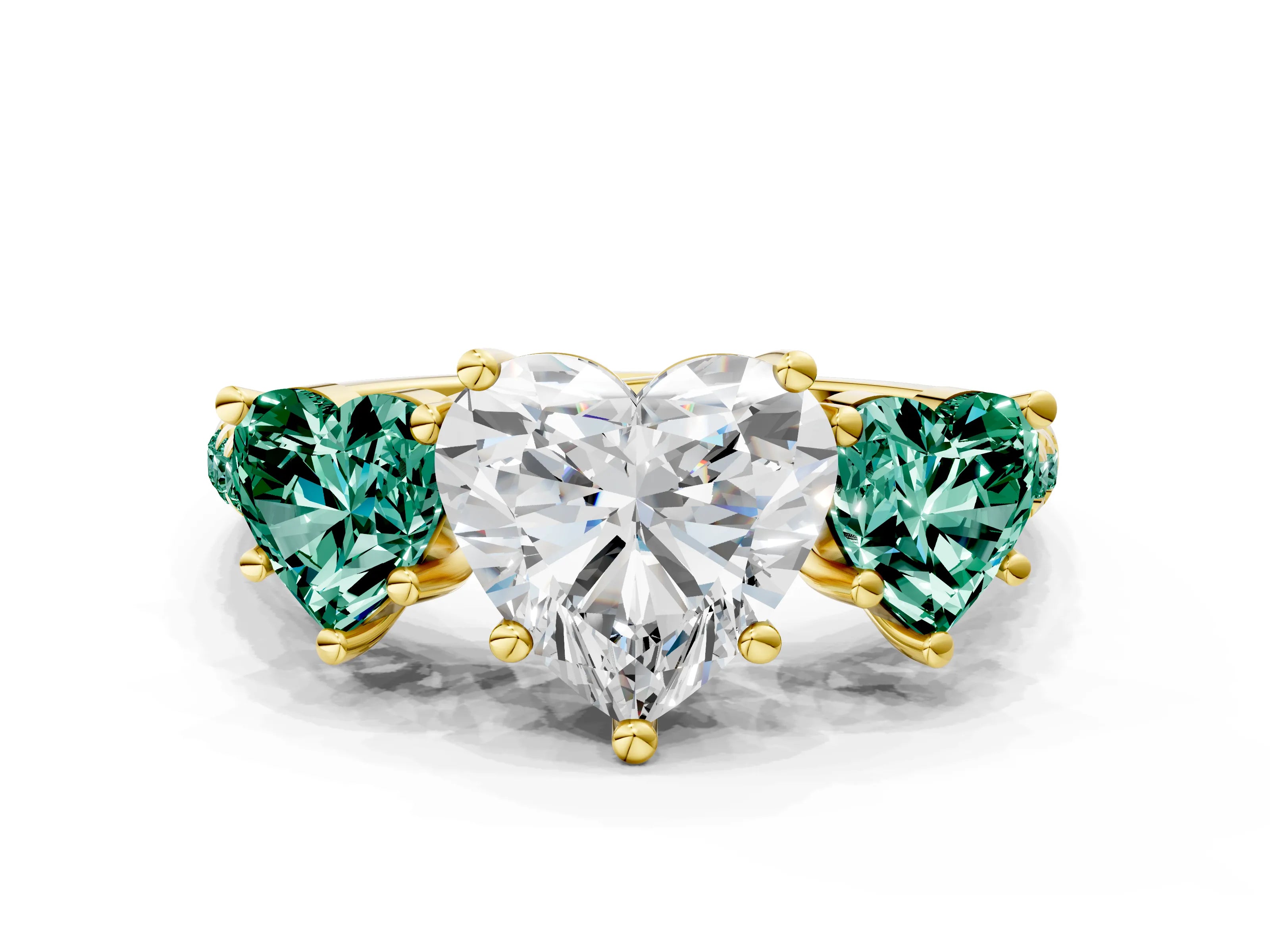 Yellow gold Three-Stone Heart Cut Diamond Ring with Round with Green Sapphire side stone Pavé Band and Prong Setting