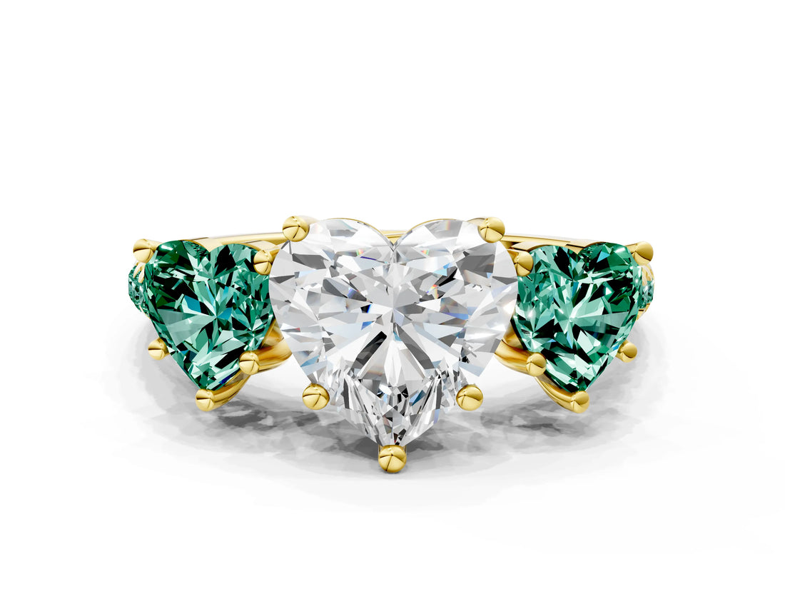 Yellow gold Three-Stone Heart Cut Diamond Ring with Round with Green Sapphire side stone Pavé Band and Prong Setting
