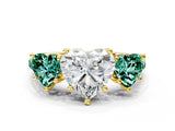 Yellow gold Three-Stone Heart Cut Diamond Ring with Round with Green Sapphire side stone Pavé Band and Prong Setting
