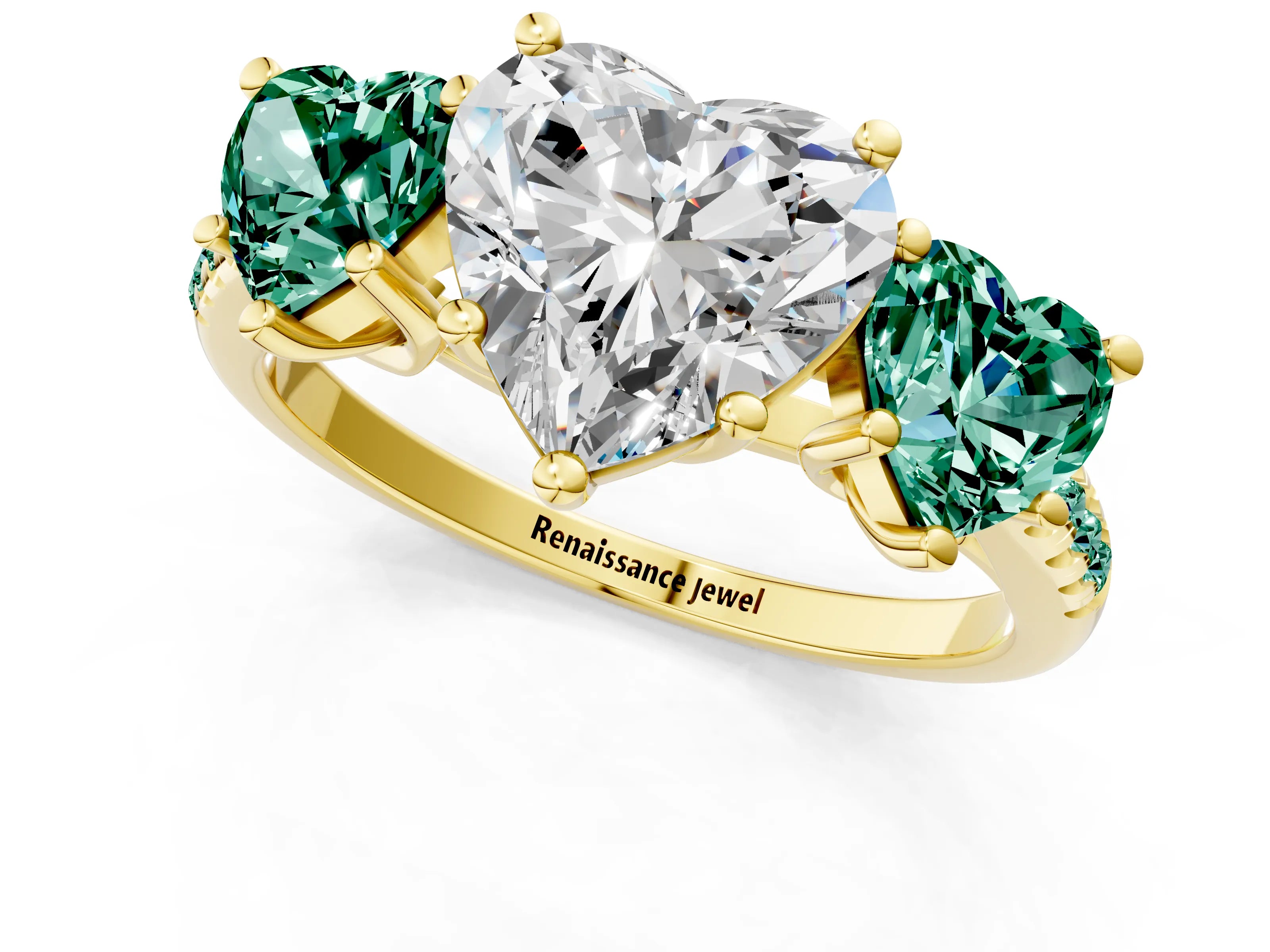 Yellow gold Three-Stone Heart Cut Diamond Ring with Round with Green Sapphire side stone Pavé Band and Prong Setting_1
