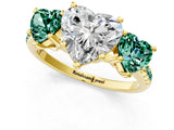 Yellow gold Three-Stone Heart Cut Diamond Ring with Round with Green Sapphire side stone Pavé Band and Prong Setting_1