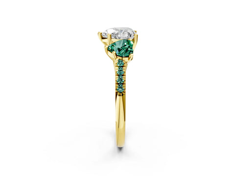 Yellow gold Three-Stone Heart Cut Diamond Ring with Round with Green Sapphire side stone Pavé Band and Prong Setting_2