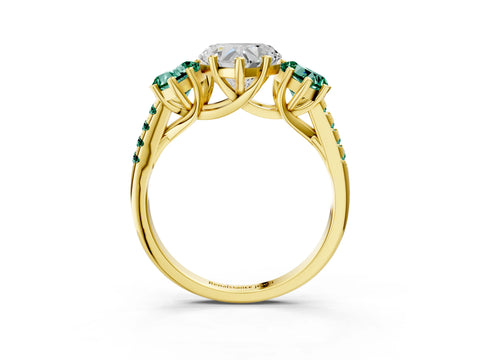 Yellow gold Three-Stone Heart Cut Diamond Ring with Round with Green Sapphire side stone Pavé Band and Prong Setting_3