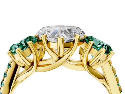 Yellow gold Three-Stone Heart Cut Diamond Ring with Round with Green Sapphire side stone Pavé Band and Prong Setting_4