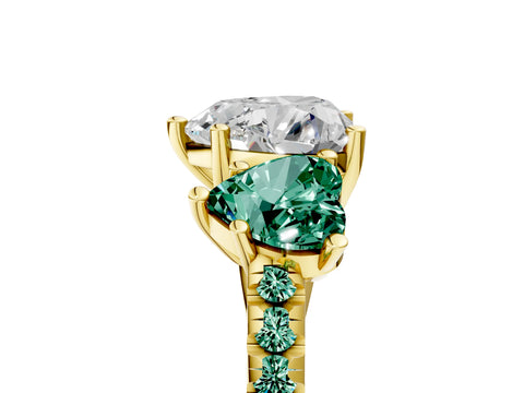 Yellow gold Three-Stone Heart Cut Diamond Ring with Round with Green Sapphire side stone Pavé Band and Prong Setting_5