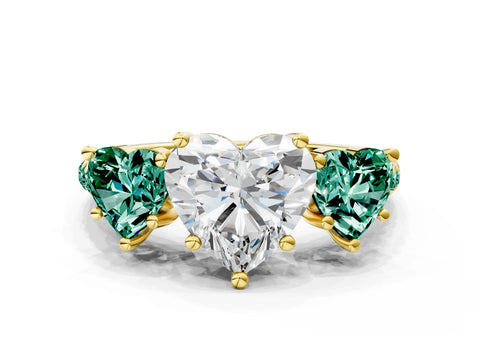 Yellow gold Three-Stone Heart Cut Diamond Ring with Round with Green Sapphire side stone Pavé Band and Prong Setting