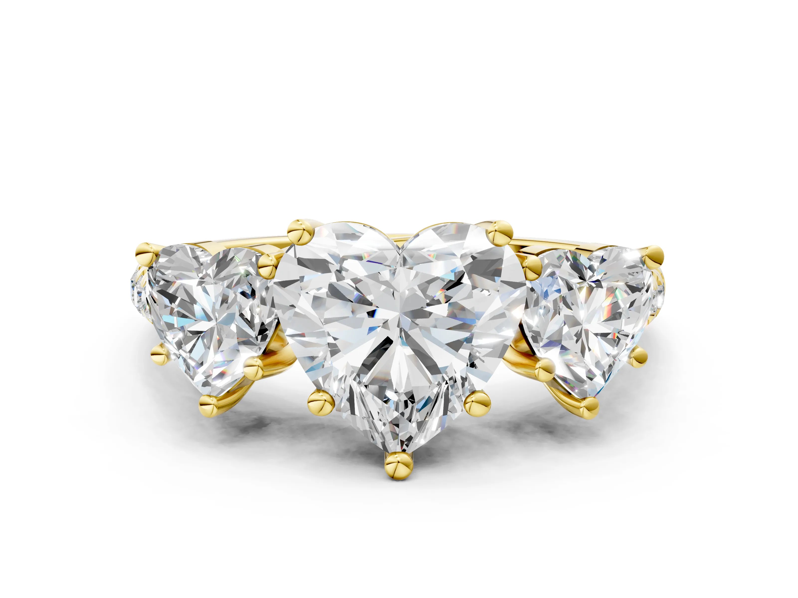 Yellow gold Three-Stone Heart Cut Diamond Ring with Round with Moissanite side stone Pavé Band and Prong Setting