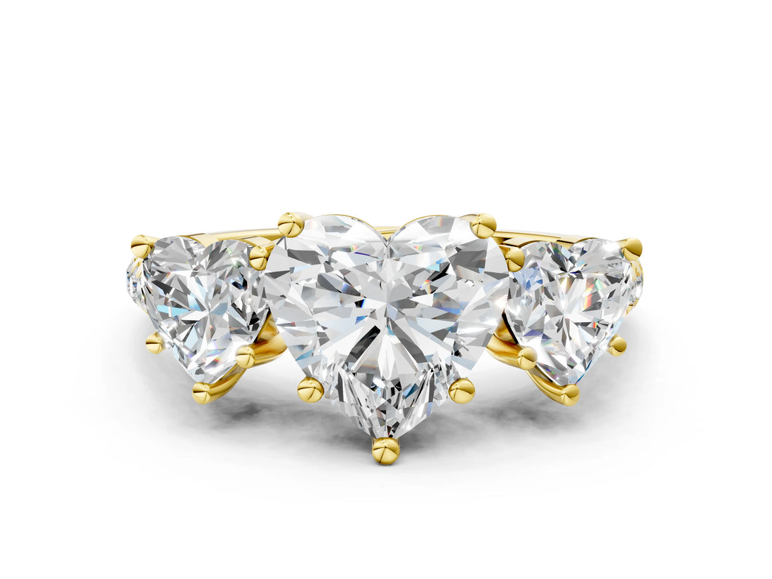 Yellow gold Three-Stone Heart Cut Diamond Ring with Round with Moissanite side stone Pavé Band and Prong Setting
