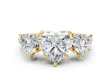 Yellow gold Three-Stone Heart Cut Diamond Ring with Round with Moissanite side stone Pavé Band and Prong Setting