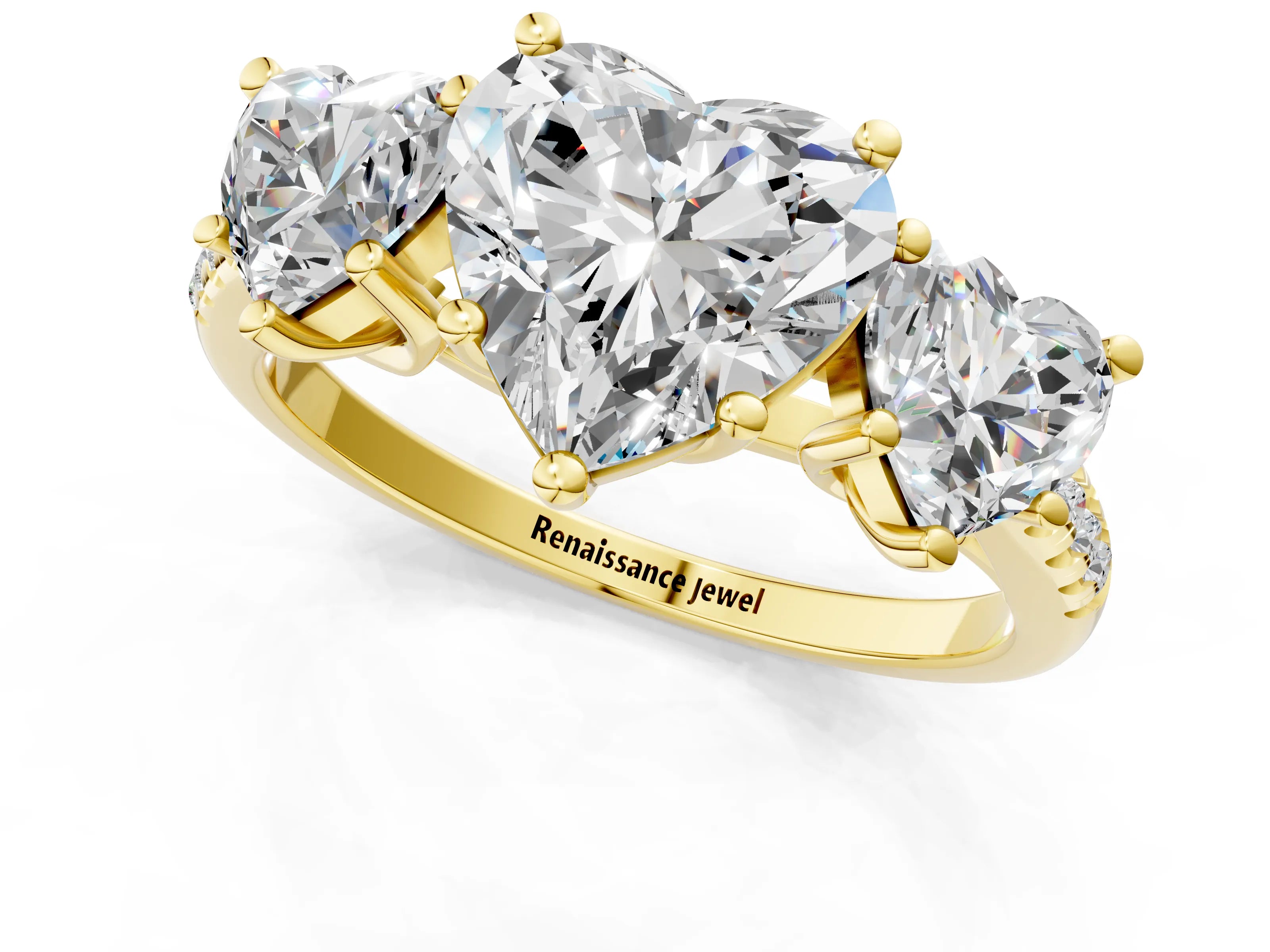 Yellow gold Three-Stone Heart Cut Diamond Ring with Round with Moissanite side stone Pavé Band and Prong Setting_1