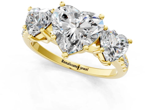 Yellow gold Three-Stone Heart Cut Diamond Ring with Round with Moissanite side stone Pavé Band and Prong Setting_1