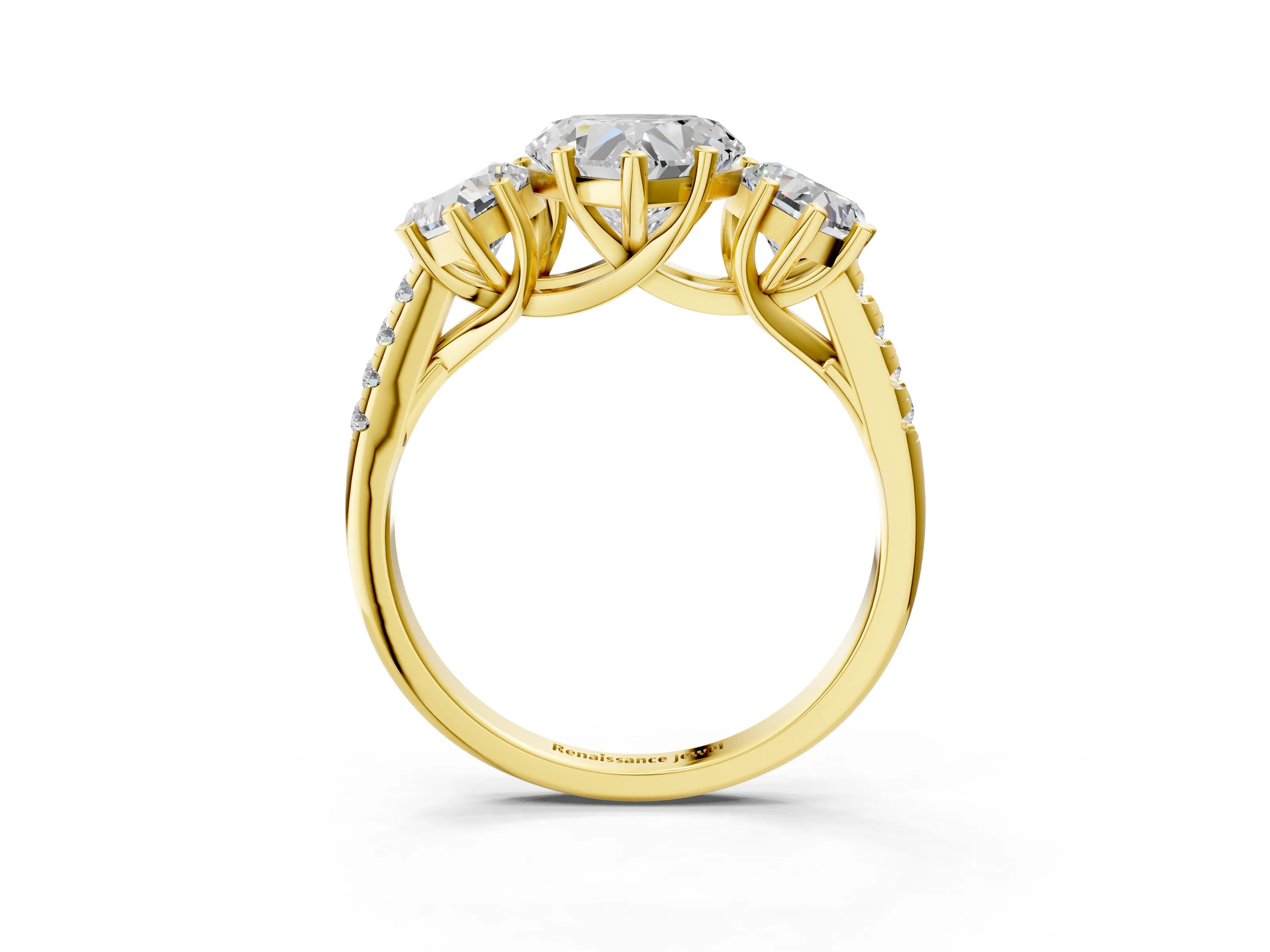 Yellow gold Three-Stone Heart Cut Diamond Ring with Round with Moissanite side stone Pavé Band and Prong Setting_3