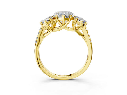 Yellow gold Three-Stone Heart Cut Diamond Ring with Round with Moissanite side stone Pavé Band and Prong Setting_3