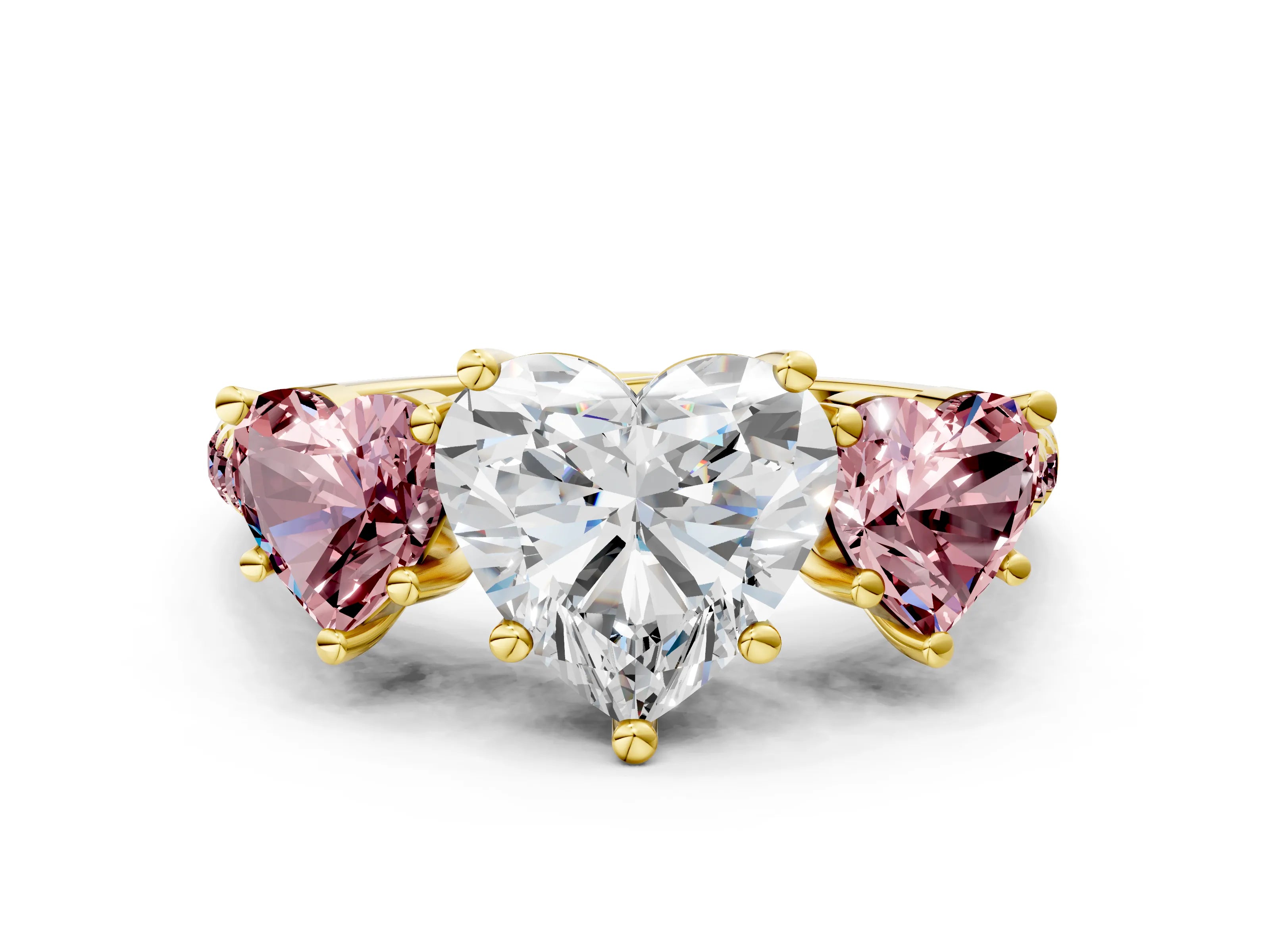 Yellow gold Three-Stone Heart Cut Diamond Ring with Round with Morganite side stone Pavé Band and Prong Setting