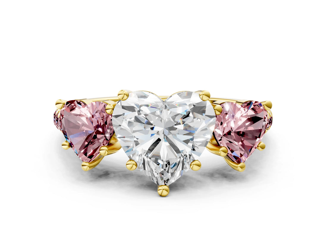 Yellow gold Three-Stone Heart Cut Diamond Ring with Round with Morganite side stone Pavé Band and Prong Setting