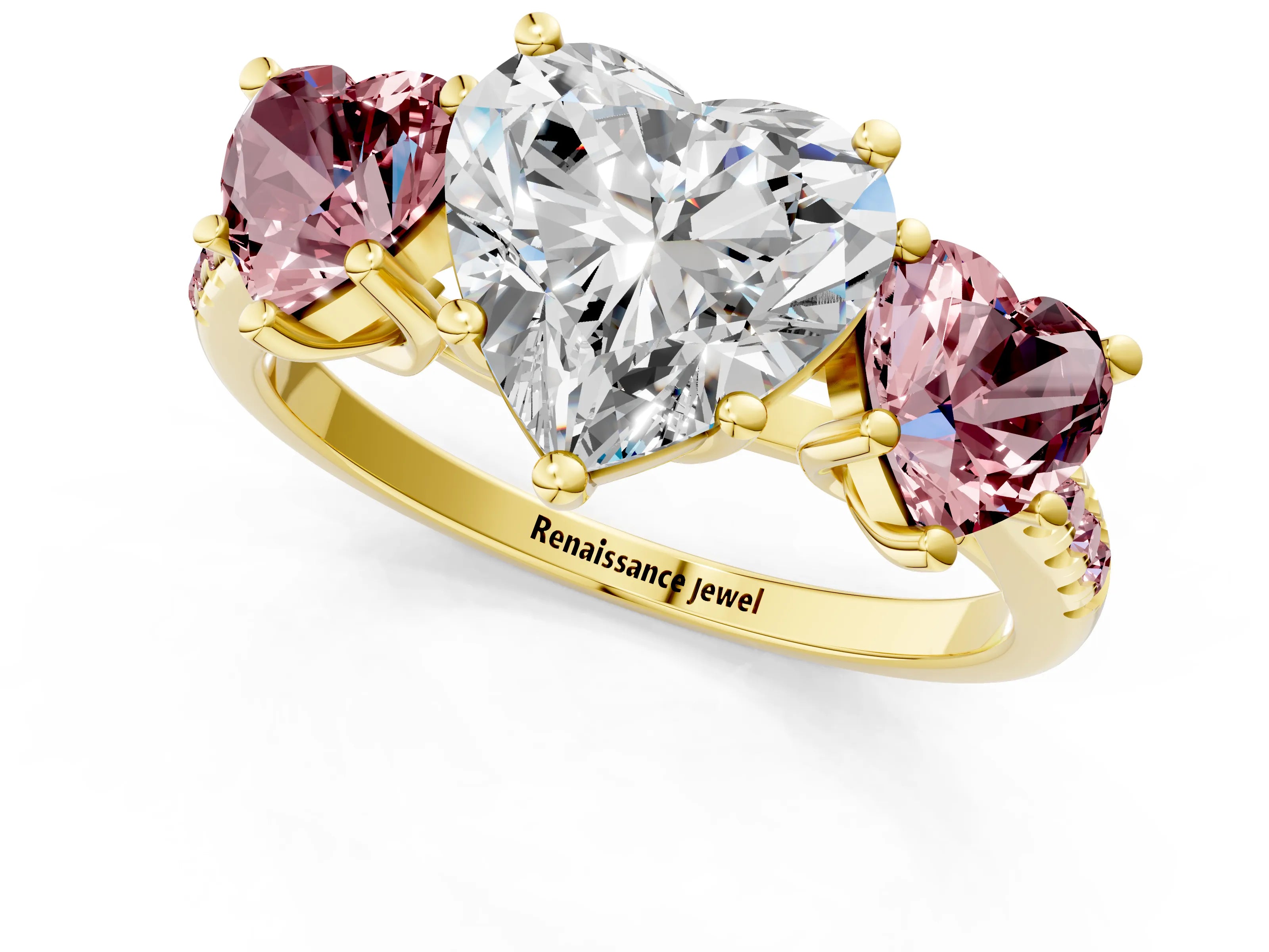 Yellow gold Three-Stone Heart Cut Diamond Ring with Round with Morganite side stone Pavé Band and Prong Setting_1