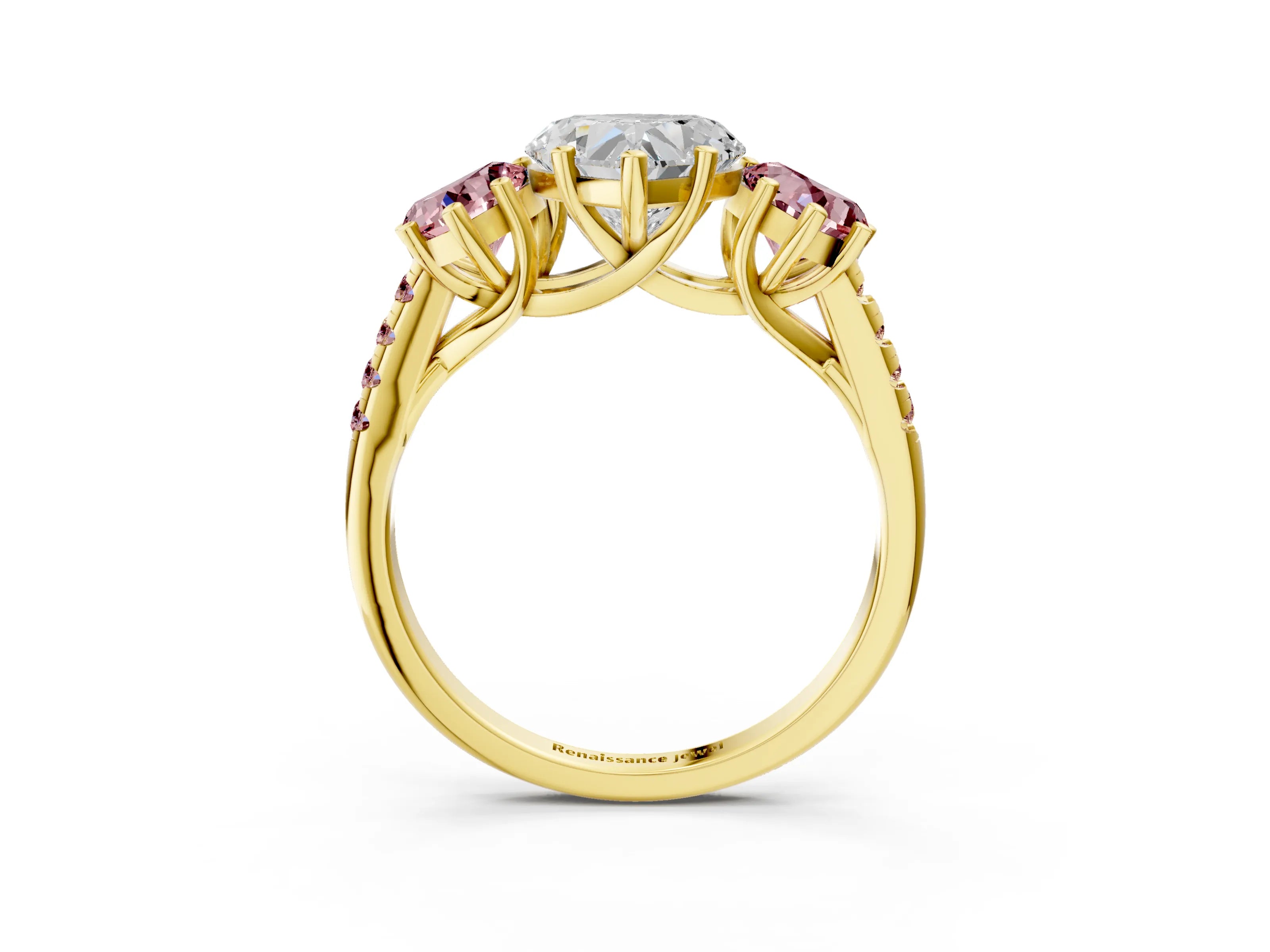 Yellow gold Three-Stone Heart Cut Diamond Ring with Round with Morganite side stone Pavé Band and Prong Setting_3