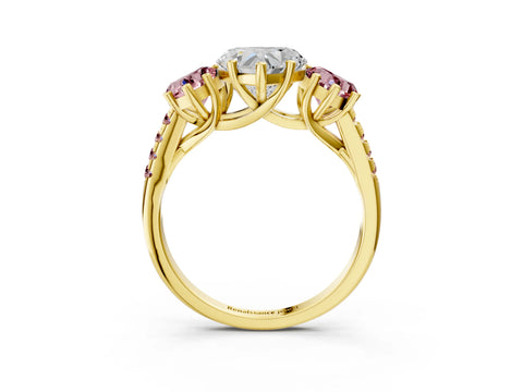 Yellow gold Three-Stone Heart Cut Diamond Ring with Round with Morganite side stone Pavé Band and Prong Setting_3