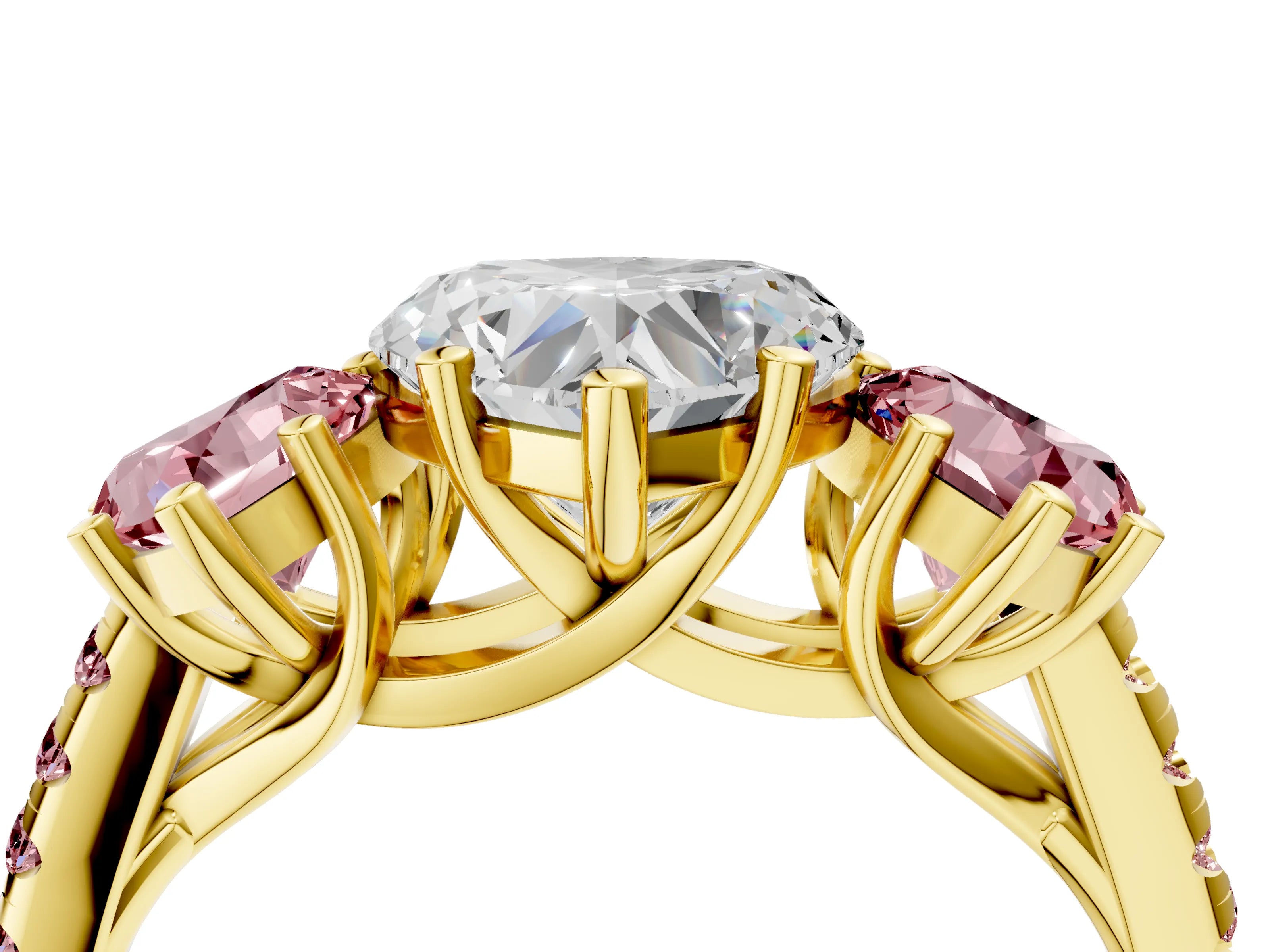 Yellow gold Three-Stone Heart Cut Diamond Ring with Round with Morganite side stone Pavé Band and Prong Setting_4