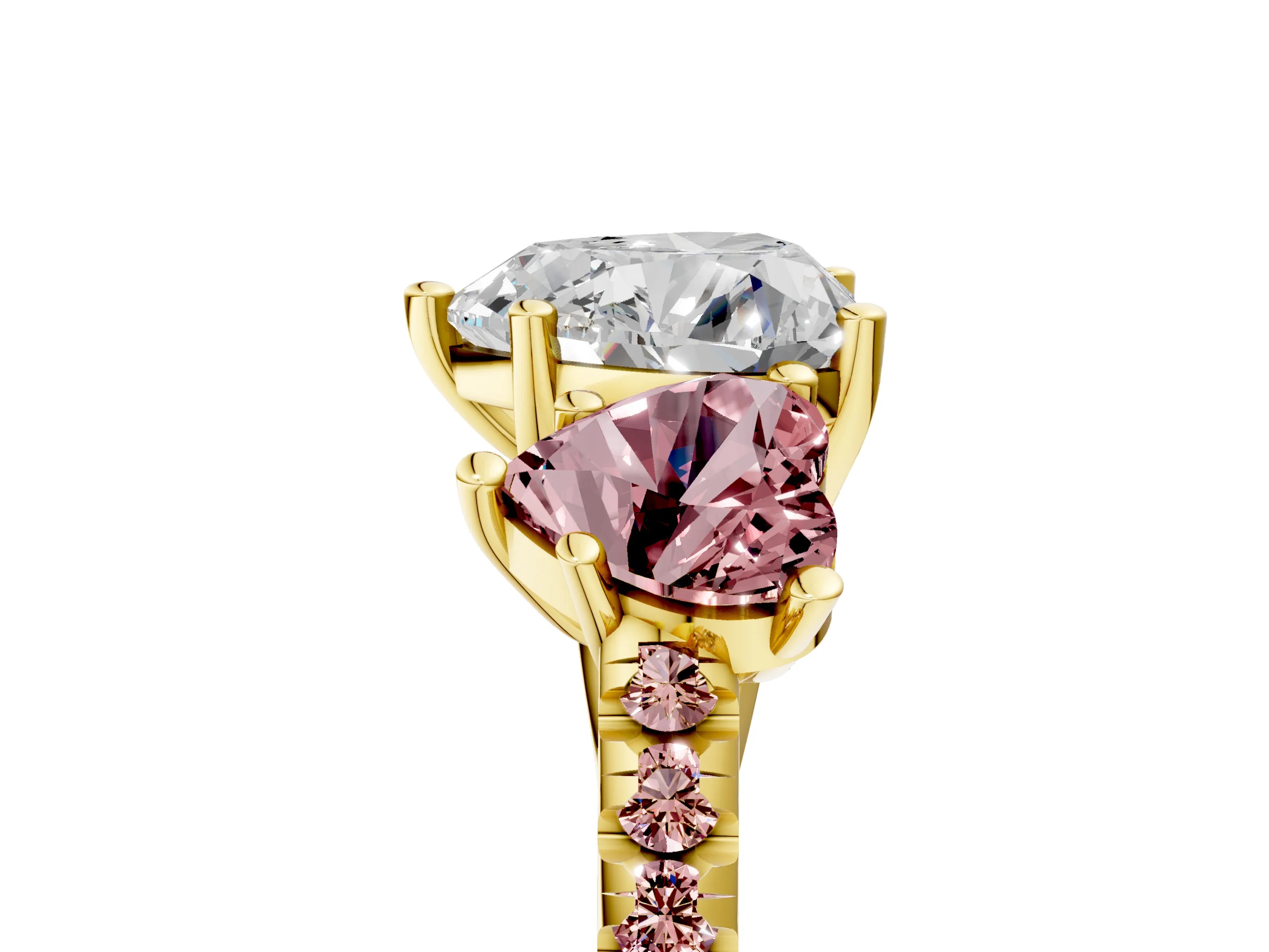 Yellow gold Three-Stone Heart Cut Diamond Ring with Round with Morganite side stone Pavé Band and Prong Setting_5
