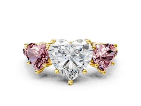 Yellow gold Three-Stone Heart Cut Diamond Ring with Round with Morganite side stone Pavé Band and Prong Setting