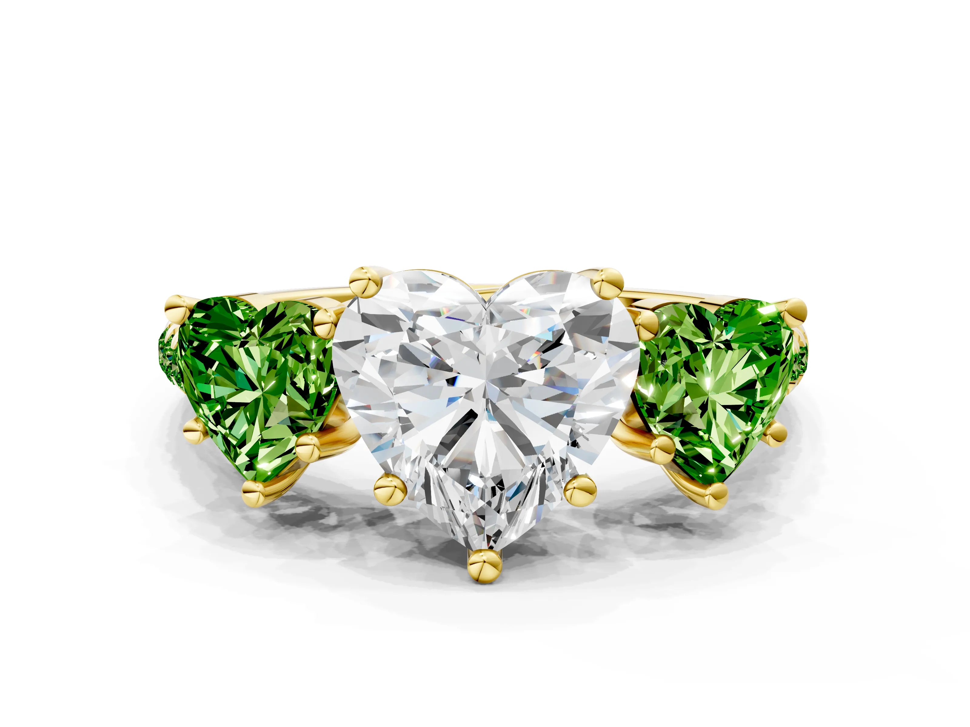 Yellow gold Three-Stone Heart Cut Diamond Ring with Round with Peridot side stone Pavé Band and Prong Setting