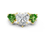 Yellow gold Three-Stone Heart Cut Diamond Ring with Round with Peridot side stone Pavé Band and Prong Setting
