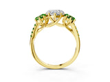 Yellow gold Three-Stone Heart Cut Diamond Ring with Round with Peridot side stone Pavé Band and Prong Setting_3