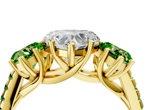 Yellow gold Three-Stone Heart Cut Diamond Ring with Round with Peridot side stone Pavé Band and Prong Setting_4