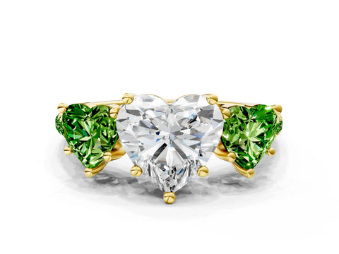 Yellow gold Three-Stone Heart Cut Diamond Ring with Round with Peridot side stone Pavé Band and Prong Setting