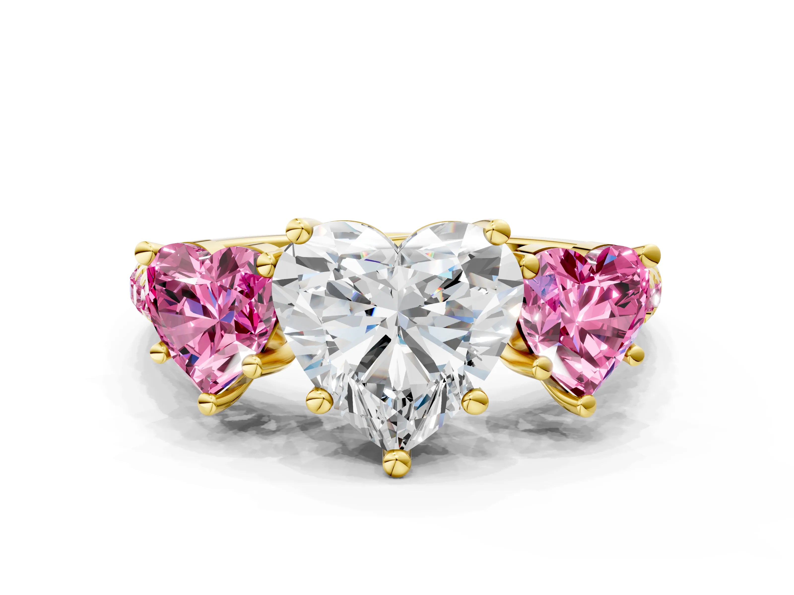 Yellow gold Three-Stone Heart Cut Diamond Ring with Round with Pink Sapphire side stone Pavé Band and Prong Setting