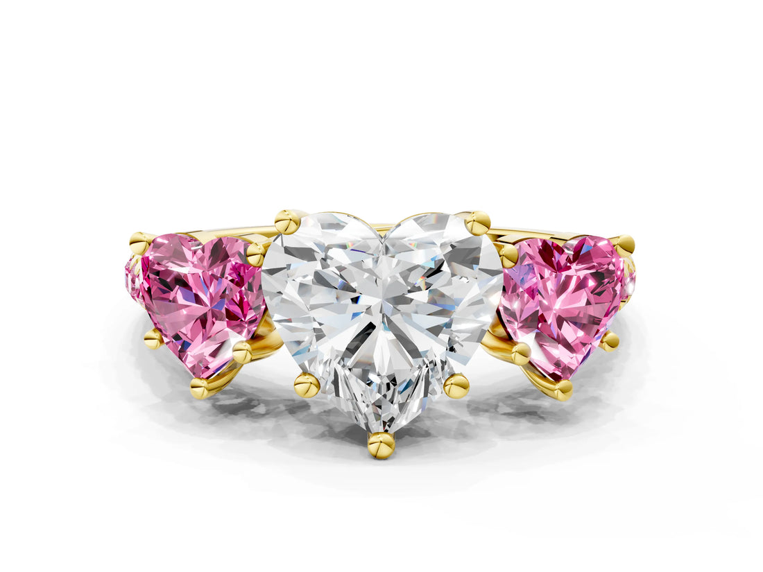 Yellow gold Three-Stone Heart Cut Diamond Ring with Round with Pink Sapphire side stone Pavé Band and Prong Setting