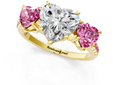 Yellow gold Three-Stone Heart Cut Diamond Ring with Round with Pink Sapphire side stone Pavé Band and Prong Setting_1