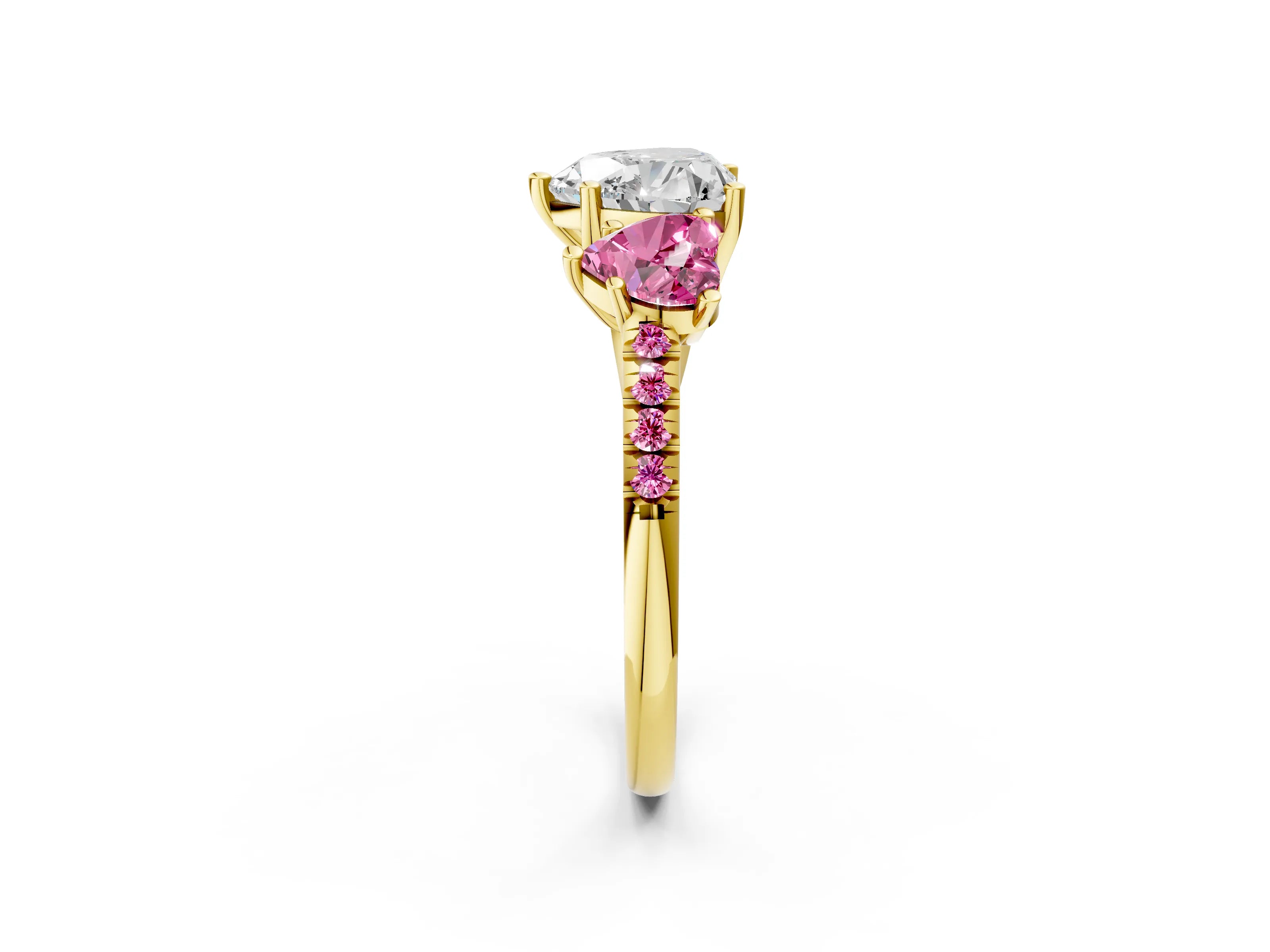 Yellow gold Three-Stone Heart Cut Diamond Ring with Round with Pink Sapphire side stone Pavé Band and Prong Setting_2