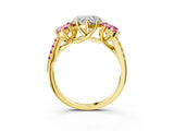 Yellow gold Three-Stone Heart Cut Diamond Ring with Round with Pink Sapphire side stone Pavé Band and Prong Setting_3
