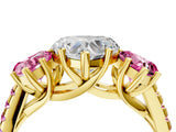 Yellow gold Three-Stone Heart Cut Diamond Ring with Round with Pink Sapphire side stone Pavé Band and Prong Setting_4