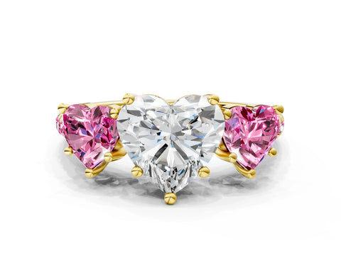 Yellow gold Three-Stone Heart Cut Diamond Ring with Round with Pink Sapphire side stone Pavé Band and Prong Setting