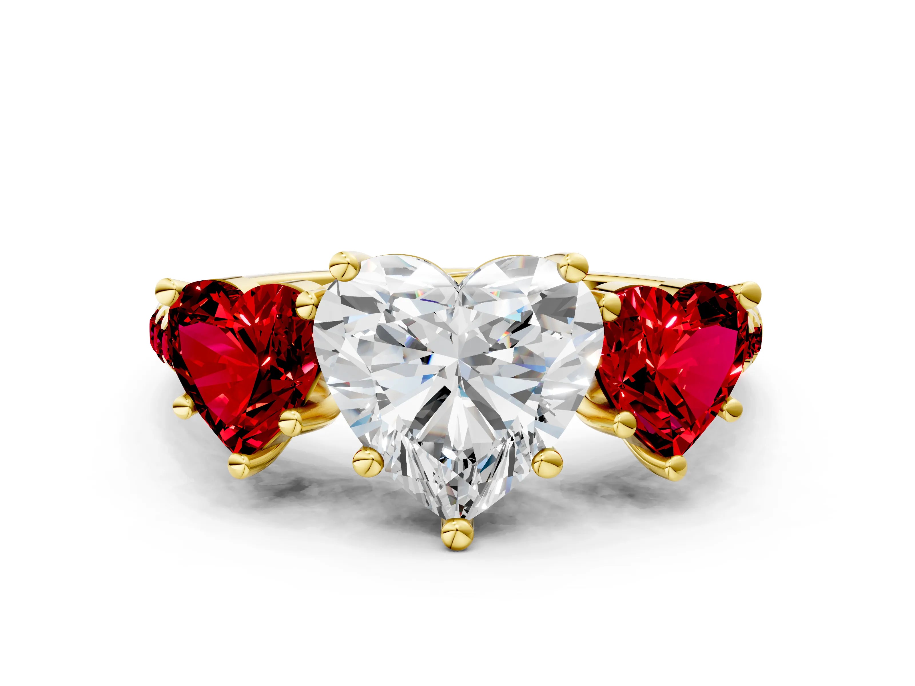 Yellow gold Three-Stone Heart Cut Diamond Ring with Round with Ruby side stone Pavé Band and Prong Setting