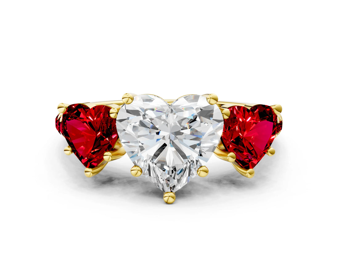 Yellow gold Three-Stone Heart Cut Diamond Ring with Round with Ruby side stone Pavé Band and Prong Setting